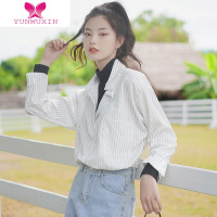 YUNWUXIN2022新款设计感条纹衬衣学生长袖宽松假两件打底衬衫女