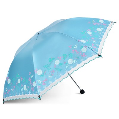天堂伞伞太阳伞女防晒轻便小铅笔伞晴雨伞两用三折叠遮阳伞 天蓝色