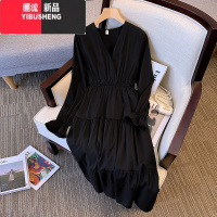 YIBUSHENG大码2023秋装新款洋气减龄黑色连衣裙女显瘦遮肚气质收腰长袖裙子