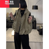 YIBUSHENG连帽马甲女2023新款宽松休闲短款背心外套坎肩冲锋衣无袖工装马夹