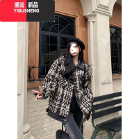 YIBUSHENG2023新款韩版复古粗花呢千鸟格编织拼pu皮小香风上衣外套女潮