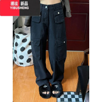 YIBUSHENG美式高街黑色工装裤女休闲直筒长裤设计感多口袋窄版阔腿裤子