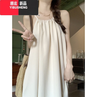 YIBUSHENG欲妹服~季纯色无袖宽松休闲简约A字挂脖气质长裙连衣裙