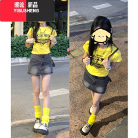 YIBUSHENG美式复古黄色正肩短袖t恤女季设计感小众修身显瘦辣妹短款上衣