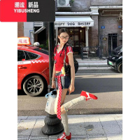 YIBUSHENG美式甜辣妹红色V领短袖球衣T恤女季设计感小众修身收腰短款上衣