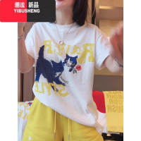 YIBUSHENG2024季新款莫奈花园玫瑰猫印花短袖T恤女宽松百搭显瘦潮牌上衣