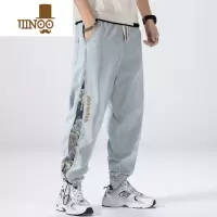 YANXU牛仔裤男复古拼接小熊设计感高街夏季工装裤子潮牌薄款九分束脚裤