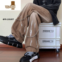 YANXU美式高街hiphop裤子潮牌设计感扎染棕色牛仔裤男款宽松直筒阔腿裤