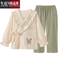 SHANCHAO日系卡通抹茶奶熊睡衣女2022年新款长袖和服女家居服套装