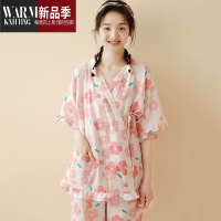 SHANCHAO夏季睡衣女纱布短袖短裤套装日系甜美可爱系带和服家居服套装