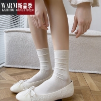 SHANCHAOJK白色短袜子女薄款奶白色中筒袜竖条纹韩国ins少女堆堆袜