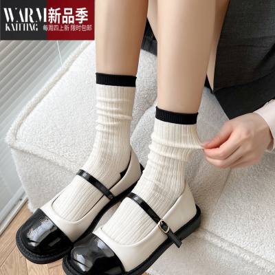 SHANCHAOJK白色短袜子女棉中筒袜堆堆袜韩国ins潮袜竖条纹白色小腿袜
