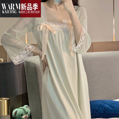 SHANCHAO宫廷古风汉服睡裙女长袖薄2021新款性感蕾丝公主甜美法式睡衣