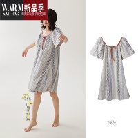 SHANCHAO[安心睡眠]睡衣女夏天薄款短袖时尚复古圆领睡裙宽松