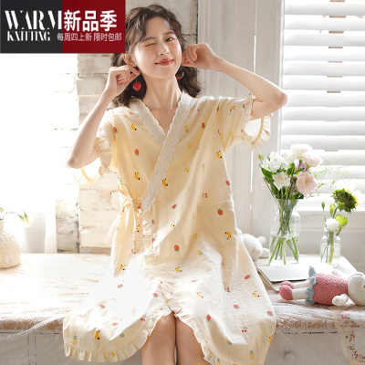 SHANCHAO『眠岛』短袖睡衣女夏季日系薄款纱布可爱公主风和服睡裙晨袍