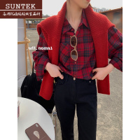 SUNTEK红色格子衬衫女2023新款季洋气时尚磨毛内搭打底叠穿法式衬衣