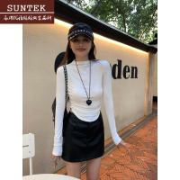 SUNTEK辰米范 白色长袖t恤女2023新款半高领修身显瘦短款打底长袖上衣