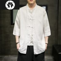 HongZun亚麻短袖衬衫男中国风复古唐装中式宽松汉服夏季大码棉麻七分袖潮