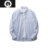 HongZun美式蓝白条纹衬衫长袖男秋季宽松bf男友风休闲衬衣薄外套