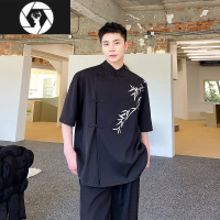 HongZun夏季改良新中式盘扣衬衫男短袖小众竹子刺绣设计感复古中国风衬衣