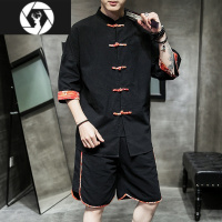 HongZun中国风男装短袖衬衫男夏季套装中式盘扣中山装唐装男士两件套衬衣
