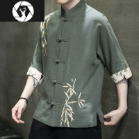 HongZun夏季中国风亚麻衬衫男短袖衬衣中式改良汉服唐装刺绣棉麻半袖上衣