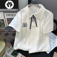 HongZun日系设计感系带娃娃领短袖衬衫上衣男女夏季宽松学院风jk制服衬衣