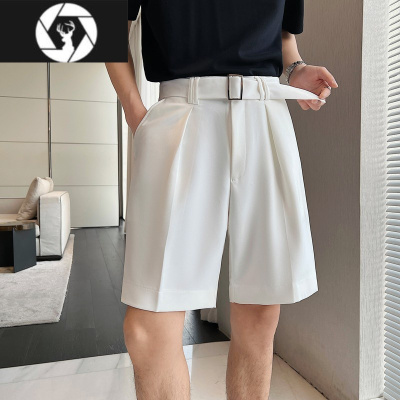 HongZun腰带设计冰丝薄款西装短裤男高级感白色五分裤男款宽松垂感四分裤
