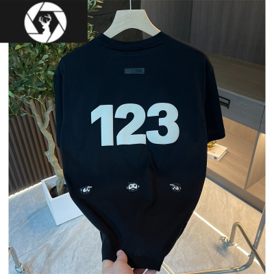 HongZun夏季123数字刺绣时尚大字母圆领短袖T恤男青年棉质百搭半袖上衣