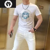 HongZun欧潮男士短袖t恤丝光棉T恤男个性百搭2023夏季新款修身短袖男圆领