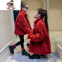 YueBin亲子装洋气外套秋冬装2020新款羔毛网红过年母女装时尚新年红色亲子装全家