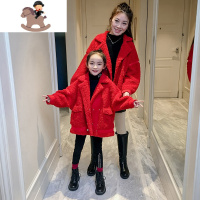 YueBin亲子装洋气红色羔绒外套冬装2020新款潮母女装冬天过年装拜年服亲子装全家