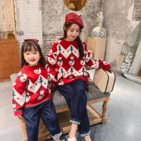 YueBin亲子装2020新款潮秋冬母女装红色卡通圣诞毛衣洋气棉女童针织衫亲子装全家