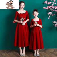 YueBin母女装2020新款潮方领新年红色长裙洋气网红亲子装女童礼服裙高端亲子装全家