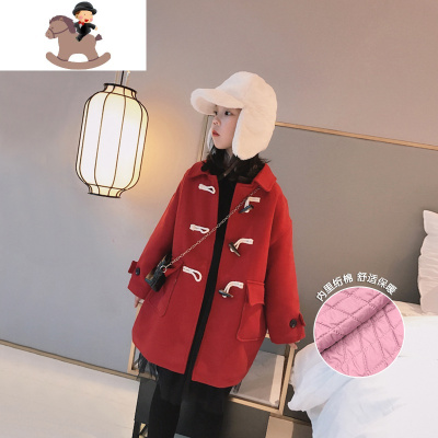 YueBin女童牛角扣红色呢大衣 2020冬新年装 韩版中大童洋气毛呢外套年服毛衣