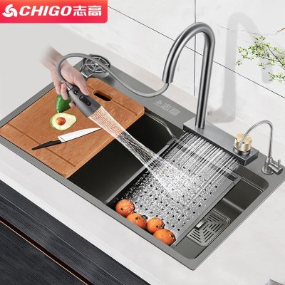 志高(CHIGO)枪灰日式厨房飞雨瀑布不锈钢水槽大单槽台下洗菜盆洗碗池套餐