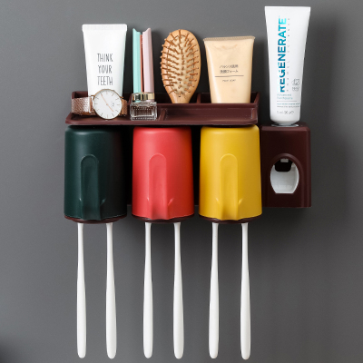 卫生间壁式牙刷置物架阿斯卡利(ASCARI)免打孔刷牙杯吸挂墙式套装壁挂漱口牙具牙缸 棕色款三口带挤牙膏器(802B)