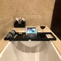 竹制浴缸架卫生间泡澡伸缩防滑阿斯卡利(ASCARI)浴室多功能置物架ipad手机架 黑色常规伸缩款