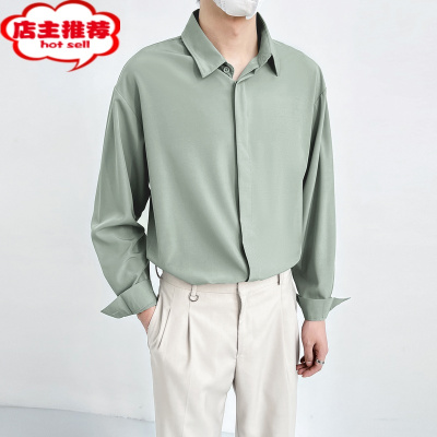 SHANCHAO高级垂坠感男士衬衫夏季冰丝薄款休闲潮纯色宽松免烫雪纺长袖衬衣
