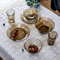 北欧茶色玻璃碗玻璃盘餐具套装水果盘沙拉碗碟子加厚钢化耐热水杯