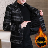 YUANSU男士休闲外套韩版修身加绒加厚呢子夹克西装领短款上衣拼色格子潮夹克