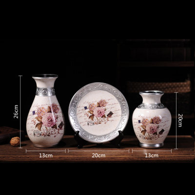 美式复古陶瓷摆件古达花瓶盘子欧式客厅玄关酒柜现代创意家居装饰品 吉祥牡丹三件套