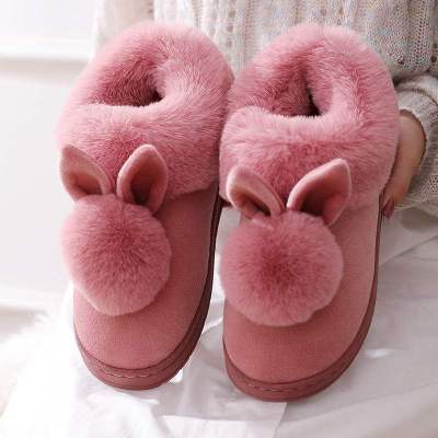 盛世尼曼冬季韩版卡通球兔棉拖鞋女可爱包跟居家月子鞋防滑保暖棉鞋亲子鞋孕妇鞋