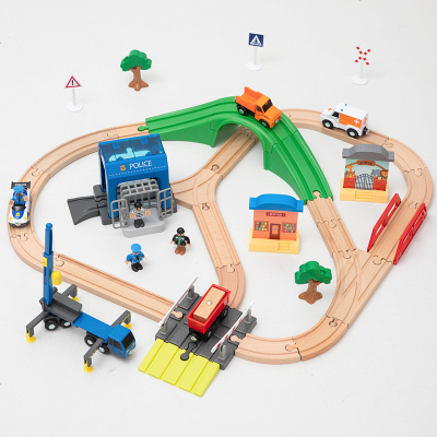 木质简易轨道带警察局场景儿童积木火车轨道套装玩具