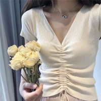 2020夏季新款V领韩版纯色针织衫女短袖修身时尚抽绳上衣漏肚脐T恤