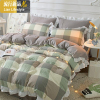 韩版粉色条纹床上用品床单四件套格子少女心水洗棉被套1.8米床笠 三维工匠
