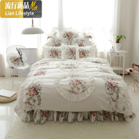 韩版床裙式春夏季棉四件套蕾丝花边棉碎花公主风1.8m床上用品 三维工匠