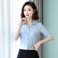2019夏季雪纺衬衫女中袖韩版新款时尚百搭洋气小衫宽松波点衬衣