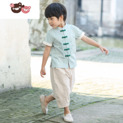 绿彩虹光男孩套装2022新款夏季薄款服装儿童男童汉服中国风唐装夏装