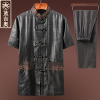 中老年唐装男短袖真丝桑蚕丝绸香云纱套装男装中式中国风夏装上衣